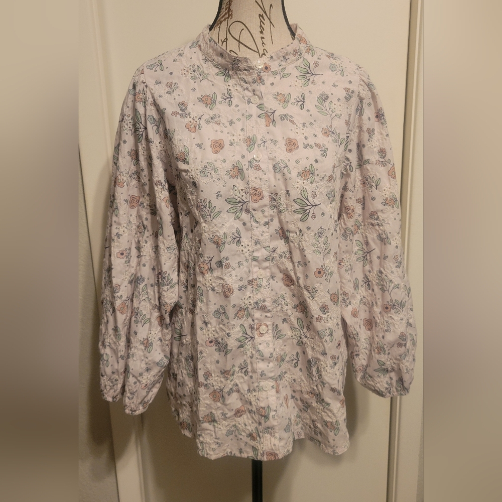 Solitaire‎ Embroidered Eyelet Bishop Sleeve Floral Button Down Blouse Top Sz XL